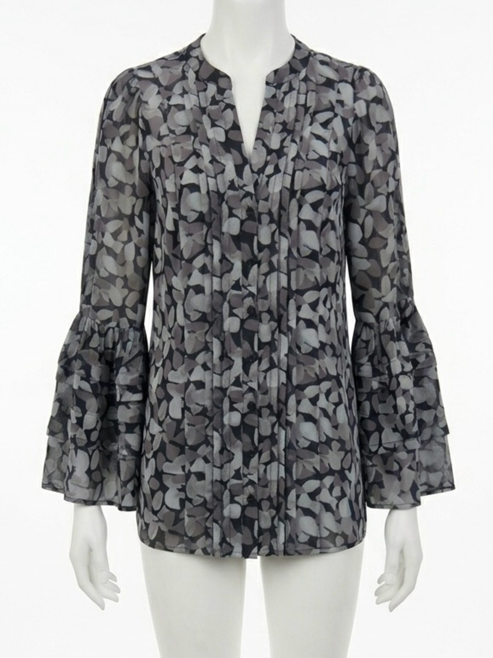 Suzy Shier Abstract Print Bell Sleeve Blouse Grey Black Pleated Front Size Small